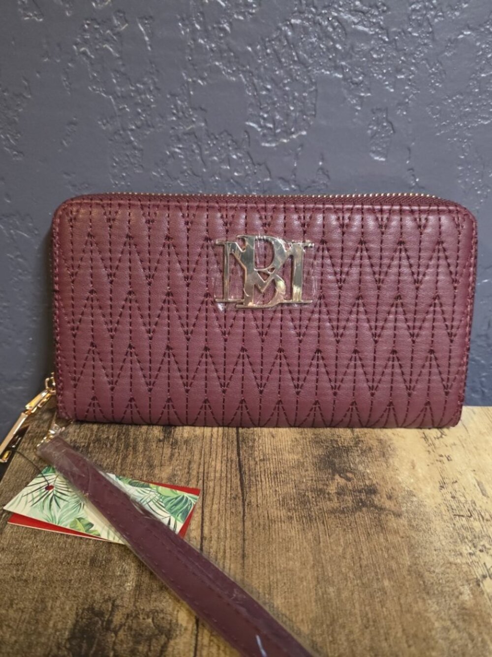 Badgley Mischka Long Wallet with Phone Pocket and Wristlet Vegan Leather PLUM